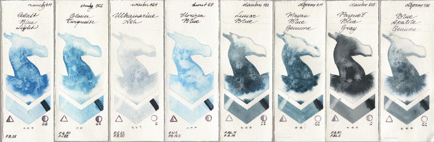 Roman Szmal Aquarius 411 Cobalt Blue Light, Shminke Horadam Aquarell 962 Glacier Turquoise, Winsor & Newton Professional 424 Ultramarine Ash, Kuretake Gansai Tambi 069 Horizon Blue, Daniel Smith 183 Lunar Blue, 211 Mayan Blue Genuine, 235 Paynes Blue Gray, 196 Blue Apatite Genui watercolor swatch