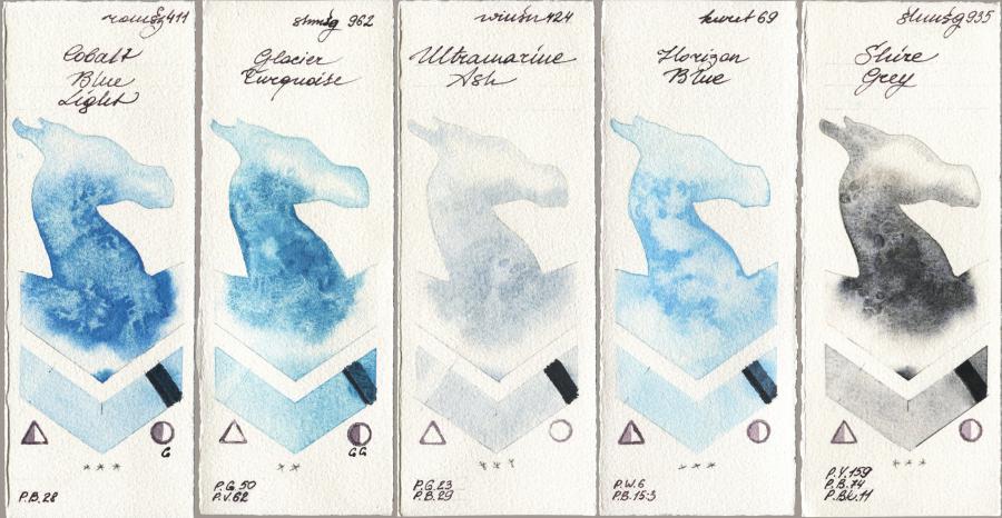 Roman Szmal Aquarius 411 Cobalt Blue Light vs Shminke Horadam Aquarell 962 Glacier Turquoise vs Winsor & Newton Professional 424 Ultramarine Ash vs Kuretake Gansai Tambi 069 Horizon Blue vs 935 Shire Grey watercolor swatch