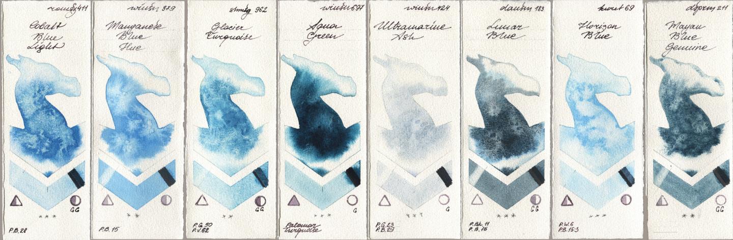 Roman Szmal Aquarius 411 Cobalt Blue Light, Winsor & Newton Professional 379 Manganese Blue Hue, Shminke Horadam Aquarell 962 Glacier Turquoise, 697 Aqua Green, 424 Ultramarine Ash, Daniel Smith 183 Lunar Blue, Kuretake Gansai Tambi 069 Horizon Blue, 211 Mayan Blue Genui watercolor swatch