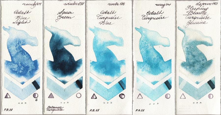 Roman Szmal Aquarius 411 Cobalt Blue Light vs Winsor & Newton Professional 697 Aqua Green vs Royal Talens Rembrandt Watercolour 586 Cobalt Turquoise Blue vs Rosa Gallery 741 Cobalt Turquoise vs Daniel Smith 150 Sleeping Beauty Turquoise Genuine watercolor swatch