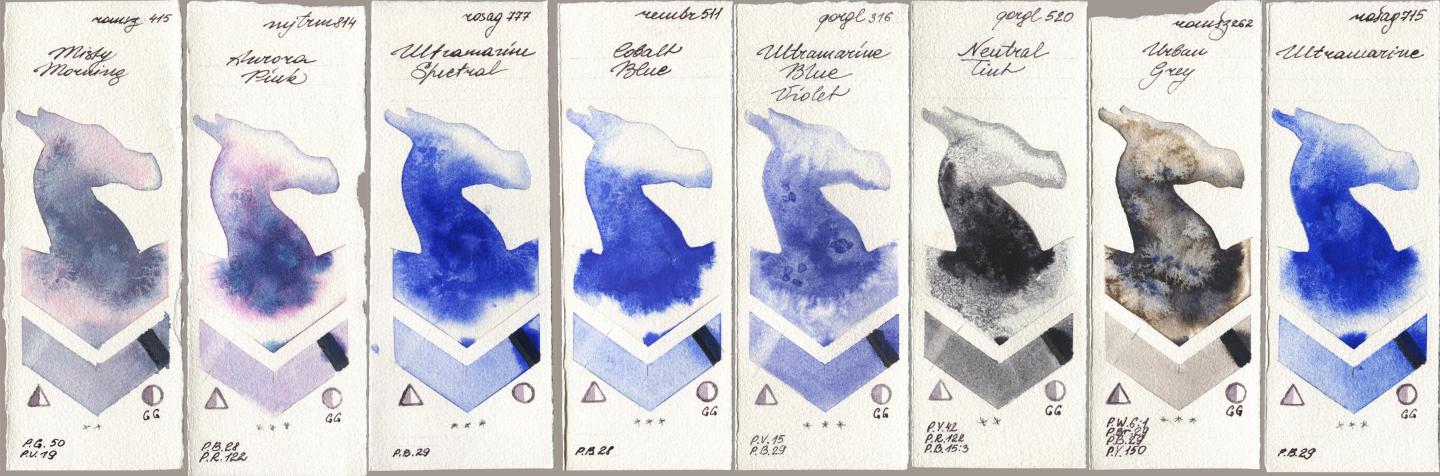 Roman Szmal Aquarius 415 Misty Morning, Mijello Mission Gold 814 Aurora Pink, Rosa Gallery 777 Ultramarine Spectral, Royal Talens Rembrandt Watercolour 511 Cobalt Blue, Golden QOR 316 Ultramarine Blue Violet, 520 Neutral Tint, 262 Urban Grey, 715 Ultramari watercolor swatch