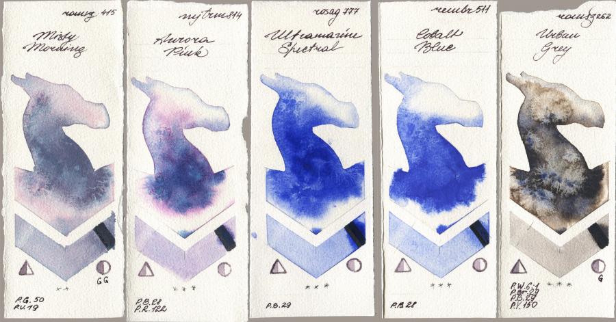 Roman Szmal Aquarius 415 Misty Morning vs Mijello Mission Gold 814 Aurora Pink vs Rosa Gallery 777 Ultramarine Spectral vs Royal Talens Rembrandt Watercolour 511 Cobalt Blue vs 262 Urban Grey watercolor swatch