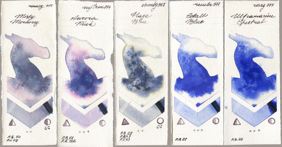 Roman Szmal Aquarius 415 Misty Morning vs Mijello Mission Gold 814 Aurora Pink vs Shminke Horadam Aquarell 967 Haze Blue vs Royal Talens Rembrandt Watercolour 511 Cobalt Blue vs Rosa Gallery 777 Ultramarine Spectral watercolor swatch