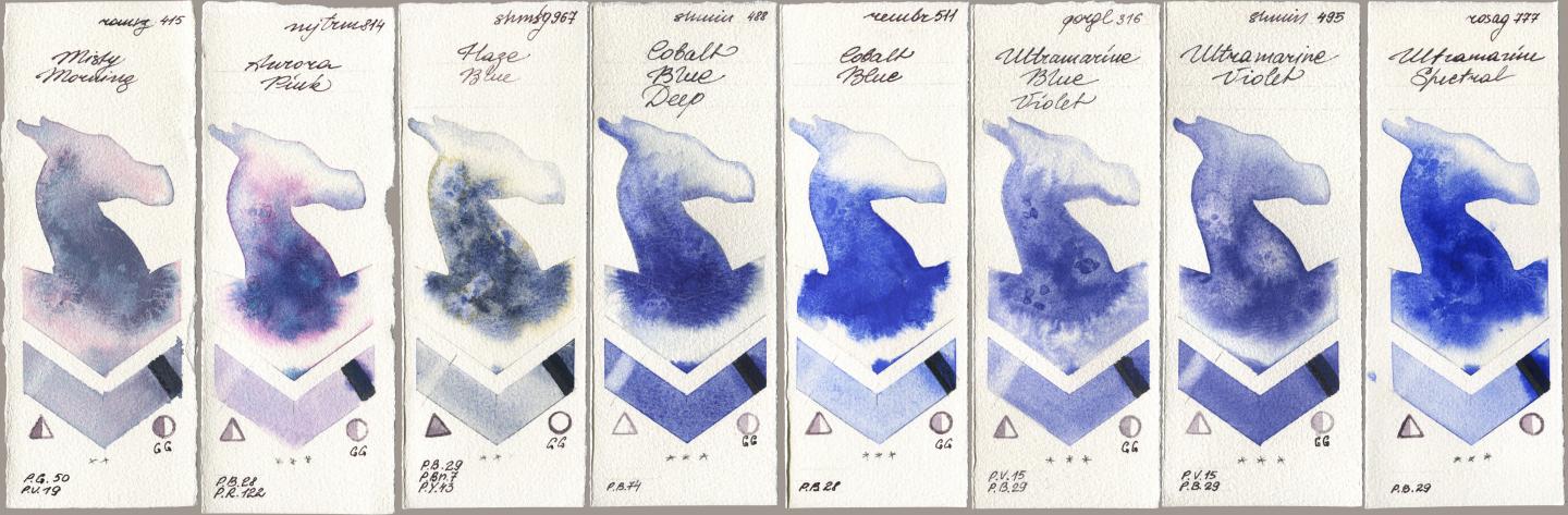 Roman Szmal Aquarius 415 Misty Morning, Mijello Mission Gold 814 Aurora Pink, Shminke Horadam Aquarell 967 Haze Blue, 488 Cobalt Blue Deep, Royal Talens Rembrandt Watercolour 511 Cobalt Blue, Golden QOR 316 Ultramarine Blue Violet, 495 Ultramarine Violet, Rosa Gallery 777 Ultramarine Spectr watercolor swatch