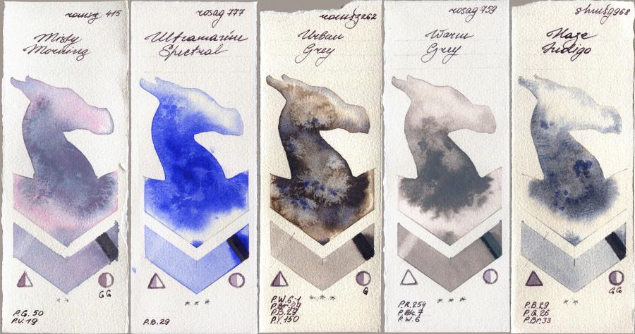 Roman Szmal Aquarius 415 Misty Morning vs Rosa Gallery 777 Ultramarine Spectral vs 262 Urban Grey vs 759 Warm Grey vs Shminke Horadam Aquarell 968 Haze Indigo watercolor swatch