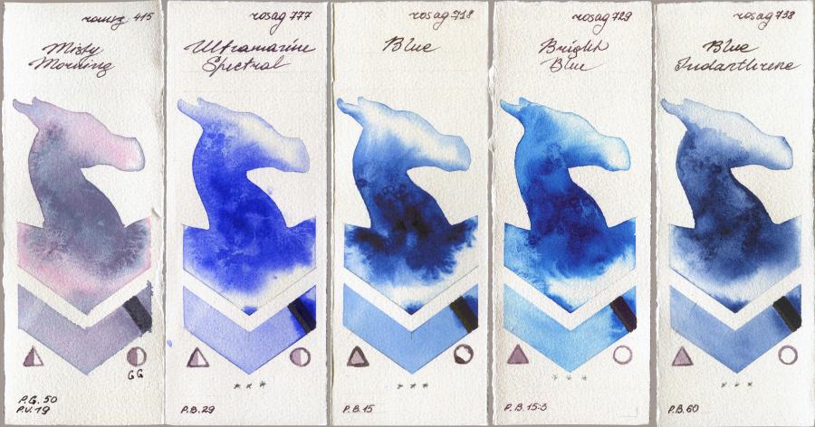 Roman Szmal Aquarius 415 Misty Morning vs Rosa Gallery 777 Ultramarine Spectral vs 718 Blue vs 729 Bright Blue vs 738 Blue Indanthrone watercolor swatch