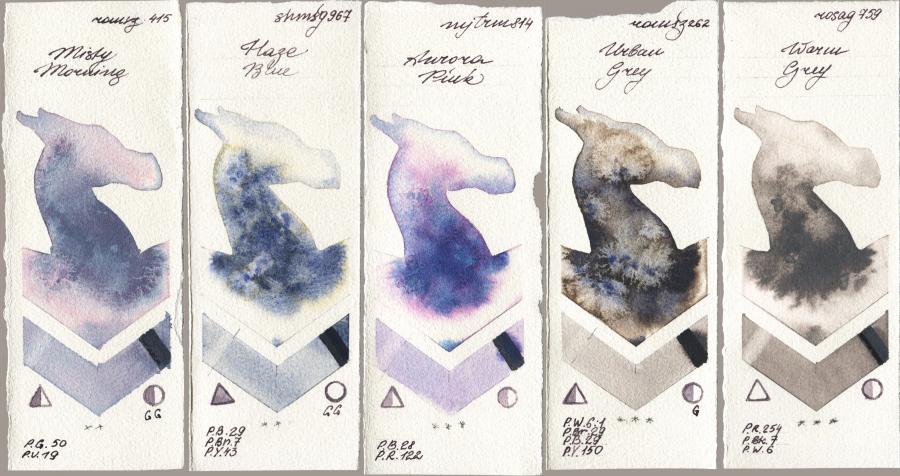 Roman Szmal Aquarius 415 Misty Morning vs Shminke Horadam Aquarell 967 Haze Blue vs Mijello Mission Gold 814 Aurora Pink vs 262 Urban Grey vs Rosa Gallery 759 Warm Grey watercolor swatch