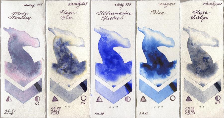Roman Szmal Aquarius 415 Misty Morning vs Shminke Horadam Aquarell 967 Haze Blue vs Rosa Gallery 777 Ultramarine Spectral vs 718 Blue vs 968 Haze Indigo watercolor swatch