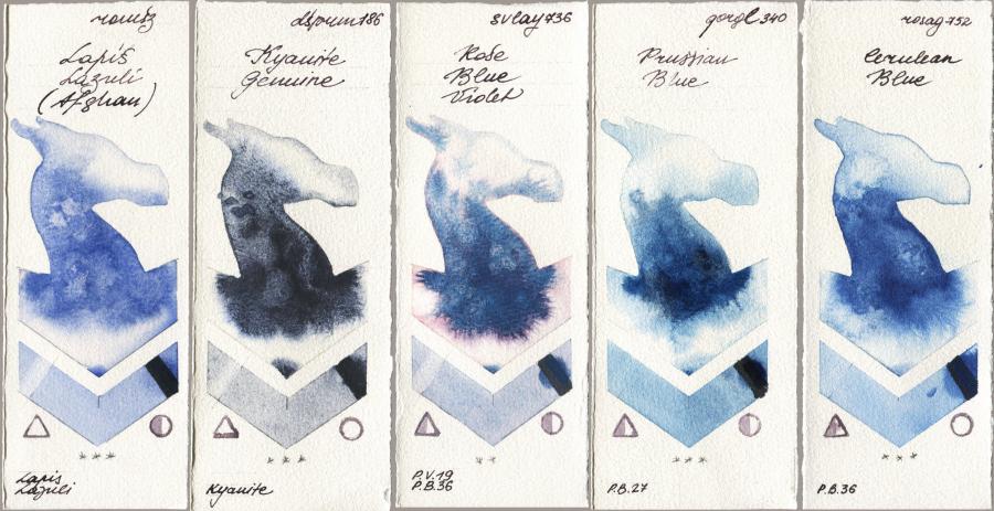Roman Szmal Aquarius 999 Lapis Lazuli Afghan vs Daniel Smith 186 Kyanite Genuine vs SuperVision 736 Rose Blue Violet vs Golden QOR 340 Prussian Blue vs Rosa Gallery 752 Cerulean Blue watercolor swatch