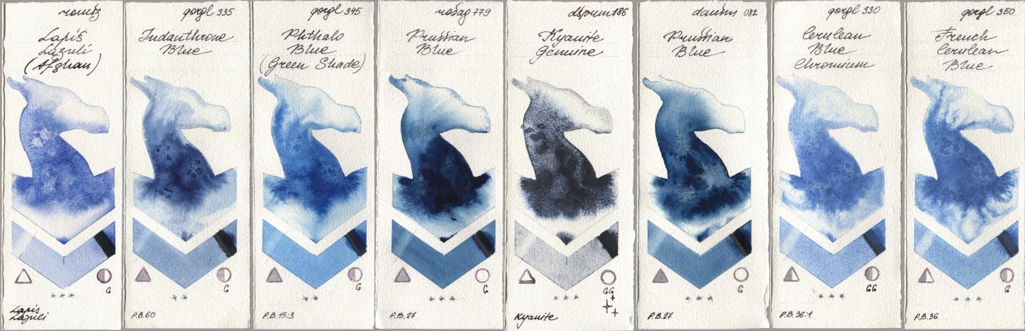 Roman Szmal Aquarius 999 Lapis Lazuli Afghan, Golden QOR 335 Indanthrone Blue, 345 Phthalo Blue (Green Shade), Rosa Gallery 779 Prussian Blue, Daniel Smith 186 Kyanite Genuine, 082 Prussian Blue, 330 Cerulean Blue, Chromium, 350 French Cerulean Bl watercolor swatch