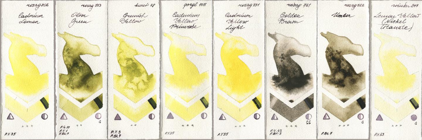 Rosa Gallery 702 Cadmium Lemon, 713 Olive Green, Kuretake Gansai Tambi 048 Greenish Yellow, Golden QOR 105 Cadmium Yellow Primrose, 731 Cadmium Yellow Light, 761 Golden Brown, 722 Umber, Winsor & Newton Professional 347 Lemon Yellow (Nickel Titanat watercolor swatch
