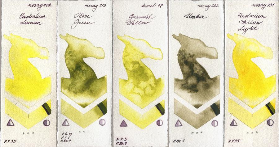 Rosa Gallery 702 Cadmium Lemon vs 713 Olive Green vs Kuretake Gansai Tambi 48 Greenish Yellow vs 722 Umber vs 731 Cadmium Yellow Light watercolor swatch