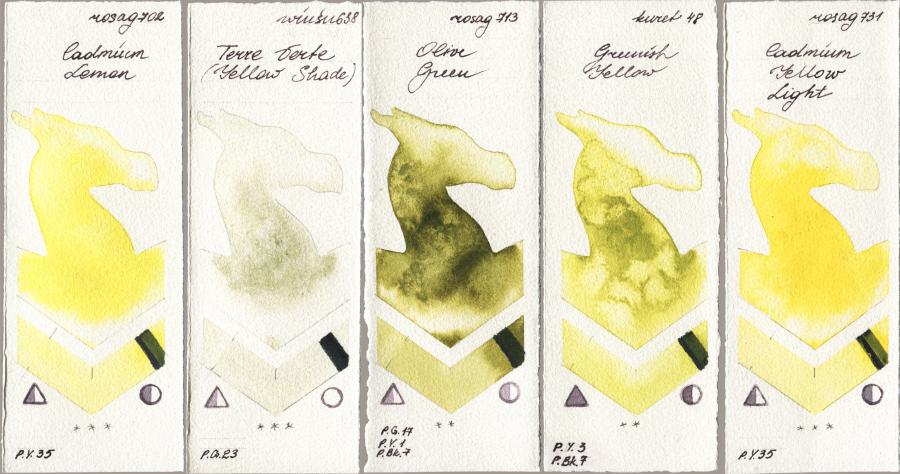 Rosa Gallery 702 Cadmium Lemon vs Winsor & Newton Professional 638 Terre Verte (Yellow Shade) vs 713 Olive Green vs Kuretake Gansai Tambi 048 Greenish Yellow vs 731 Cadmium Yellow Light watercolor swatch