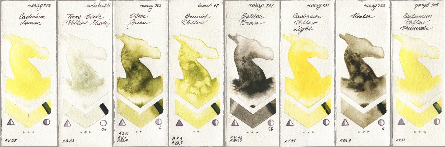 Rosa Gallery 702 Cadmium Lemon, Winsor & Newton Professional 638 Terre Verte (Yellow Shade), 713 Olive Green, Kuretake Gansai Tambi 048 Greenish Yellow, 761 Golden Brown, 731 Cadmium Yellow Light, 722 Umber, Golden QOR 105 Cadmium Yellow Primro watercolor swatch