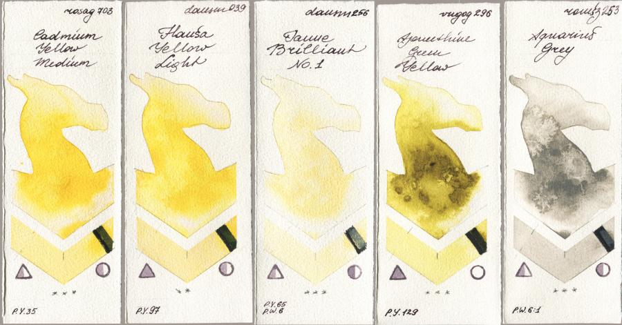 Rosa Gallery 703 Cadmium Yellow Medium vs Daniel Smith 039 Hansa Yellow Light vs 256 Jaune Brilliant No 1 vs Royal Talens Van Gogh Watercolour 296 Azomethine Green Yellow vs Roman Szmal Aquarius 253 Aquarius Grey watercolor swatch
