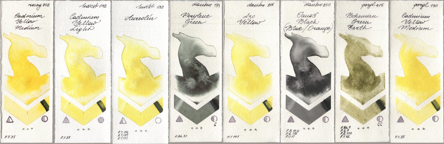 Rosa Gallery 703 Cadmium Yellow Medium, Holbein Artists Watercolor 042 Cadmium Yellow Light, 039 Aureolin, Daniel Smith 194 Perylene Green, 215 Azo Yellow, 250 Janes Black (Blue/Orange), Golden QOR 415 Bohemian Green Earth, 130 Cadmium Yellow Medi watercolor swatch
