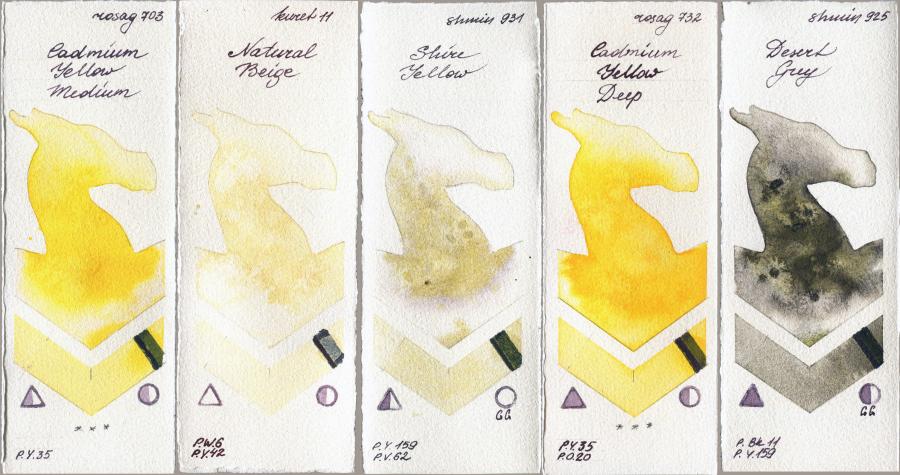 Rosa Gallery 703 Cadmium Yellow Medium vs Kuretake Gansai Tambi 11 Natural Beige vs Shminke Horadam Aquarell 931 Shire Yellow vs 732 Cadmium Yellow Deep vs 925 Desert Grey watercolor swatch