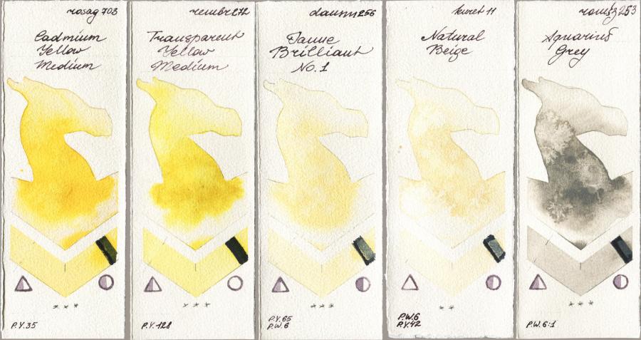 Rosa Gallery 703 Cadmium Yellow Medium vs Royal Talens Rembrandt Watercolour 272 Transparent Yellow Medium vs Daniel Smith 256 Jaune Brilliant No 1 vs Kuretake Gansai Tambi 011 Natural Beige vs Roman Szmal Aquarius 253 Aquarius Grey watercolor swatch