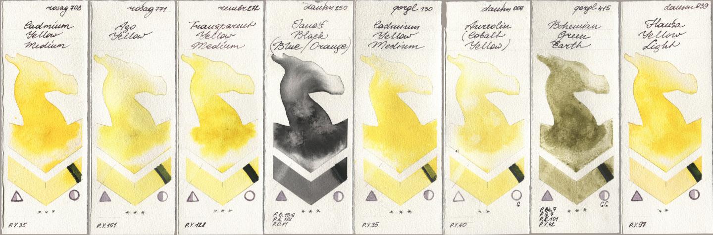 Rosa Gallery 703 Cadmium Yellow Medium, 771 Azo Yellow, Royal Talens Rembrandt Watercolour 272 Transparent Yellow Medium, Daniel Smith 250 Janes Black (Blue/Orange), Golden QOR 130 Cadmium Yellow Medium, 006 Aureolin (Cobalt Yellow), 415 Bohemian Green Earth, 039 Hansa Yellow Lig watercolor swatch