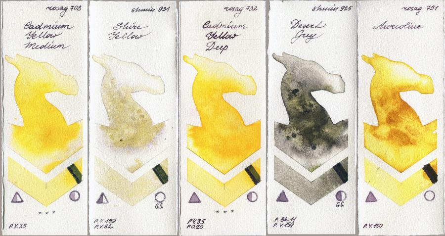 Rosa Gallery 703 Cadmium Yellow Medium vs Shminke Horadam Aquarell 931 Shire Yellow vs 732 Cadmium Yellow Deep vs 925 Desert Grey vs 751 Aureoline watercolor swatch