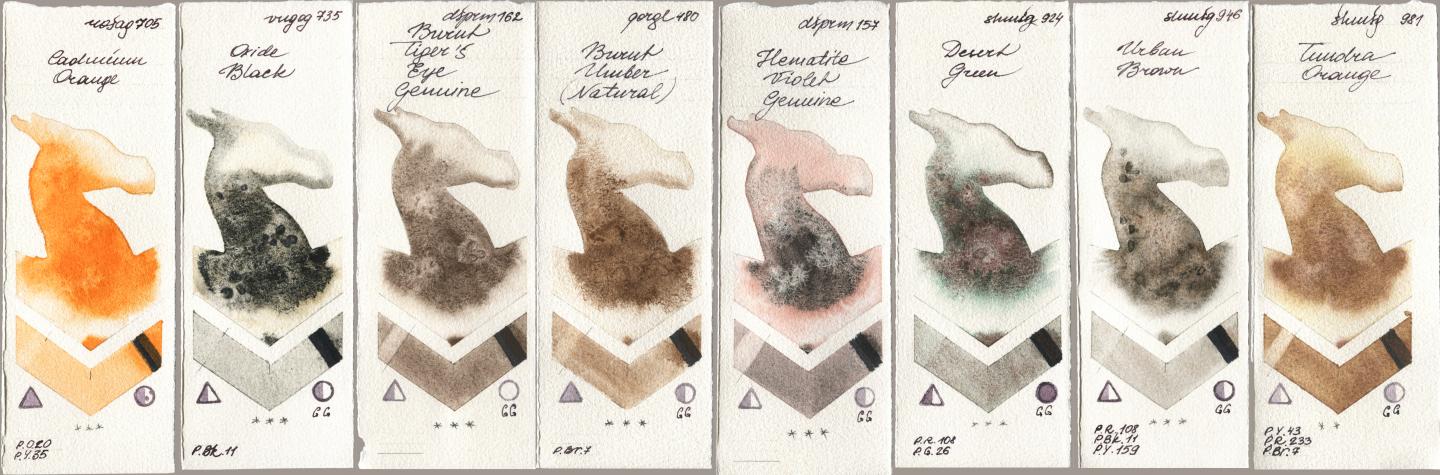 Rosa Gallery 705 Cadmium Orange, Royal Talens Van Gogh Watercolour 735 Oxide Black, Daniel Smith 162 Burnt Tigers Eye Genuine, Golden QOR 480 Burnt Umber (Natural), 157 Hematite Violet Genuine, Shminke Horadam Aquarell 924 Desert Green, 946 Urban Brown, 981 Tundra Oran watercolor swatch