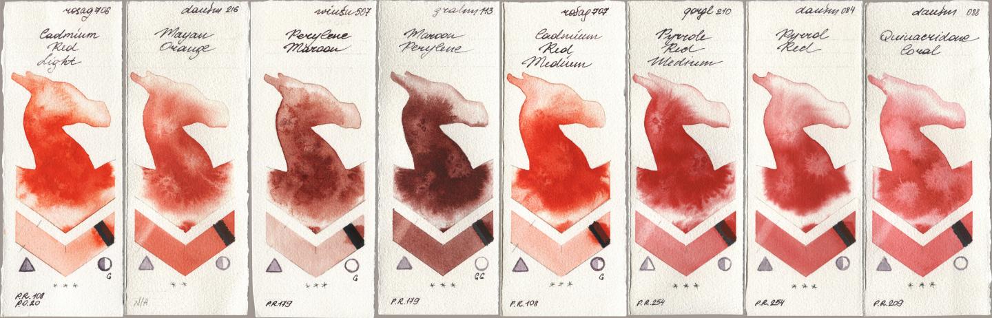 Rosa Gallery 706 Cadmium Red Light, Daniel Smith 216 Mayan Orange, Winsor & Newton Professional 507 Perylene Maroon, M. Graham & Co. Artists 113 Maroon Perylene, 707 Cadmium Red Medium, Golden QOR 210 Pyrrole Red Medium, 084 Pyrrol Red, 088 Quinacridone Cor watercolor swatch