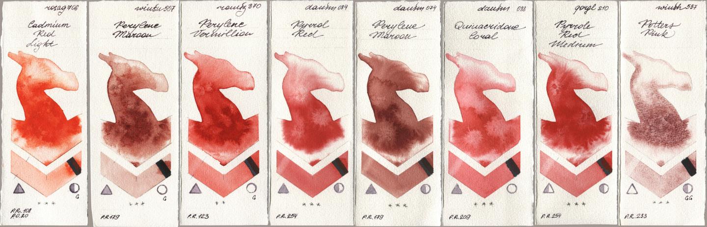 Rosa Gallery 706 Cadmium Red Light, Winsor & Newton Professional 507 Perylene Maroon, Roman Szmal Aquarius 370 Perylene Vermillion, Daniel Smith 084 Pyrrol Red, 074 Perylene Maroon, 088 Quinacridone Coral, Golden QOR 210 Pyrrole Red Medium, 537 Potters Pi watercolor swatch