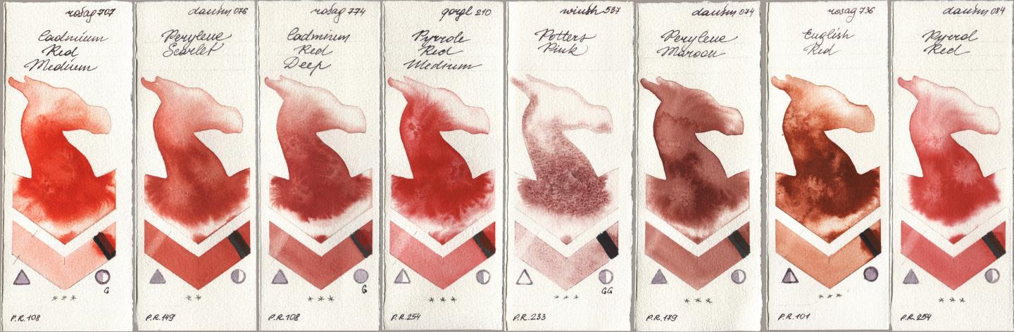 Rosa Gallery 707 Cadmium Red Medium, Daniel Smith 076 Perylene Scarlet, 774 Cadmium Red Deep, Golden QOR 210 Pyrrole Red Medium, Winsor & Newton Professional 537 Potters Pink, 074 Perylene Maroon, 736 English Red, 084 Pyrrol R watercolor swatch