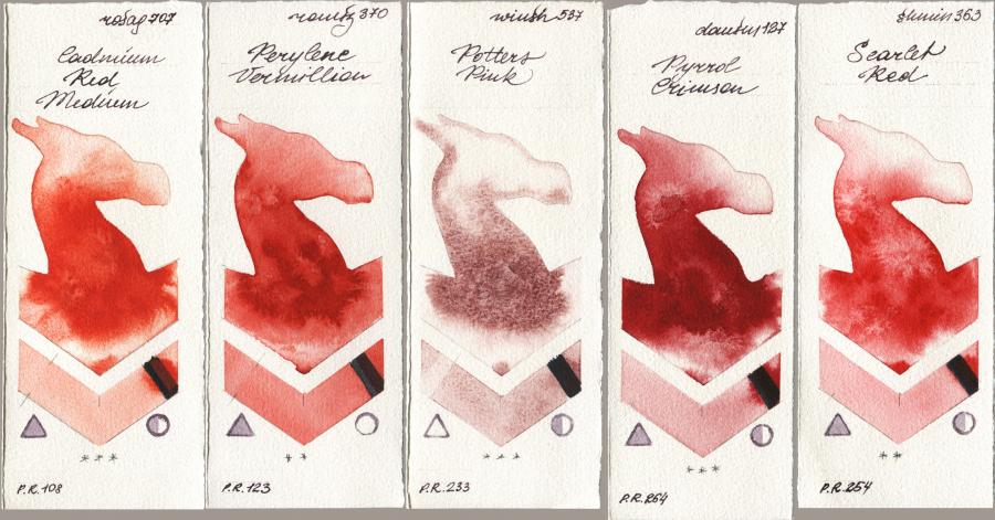 Rosa Gallery 707 Cadmium Red Medium vs Roman Szmal Aquarius 370 Perylene Vermillion vs Winsor & Newton Professional 537 Potters Pink vs Daniel Smith 127 Pyrrol Crimson vs Shminke Horadam Aquarell 363 Scarlet Red watercolor swatch