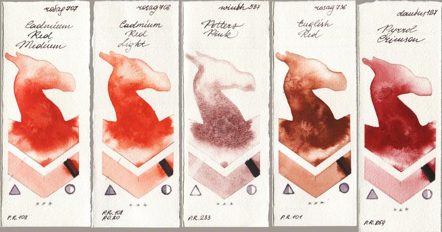 Rosa Gallery 707 Cadmium Red Medium vs 706 Cadmium Red Light vs Winsor & Newton Professional 537 Potters Pink vs 736 English Red vs Daniel Smith 127 Pyrrol Crimson watercolor swatch