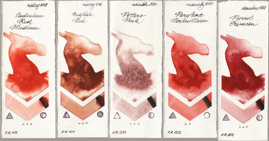 Rosa Gallery 707 Cadmium Red Medium vs 736 English Red vs Winsor & Newton Professional 537 Potters Pink vs Roman Szmal Aquarius 370 Perylene Vermillion vs Daniel Smith 127 Pyrrol Crimson watercolor swatch