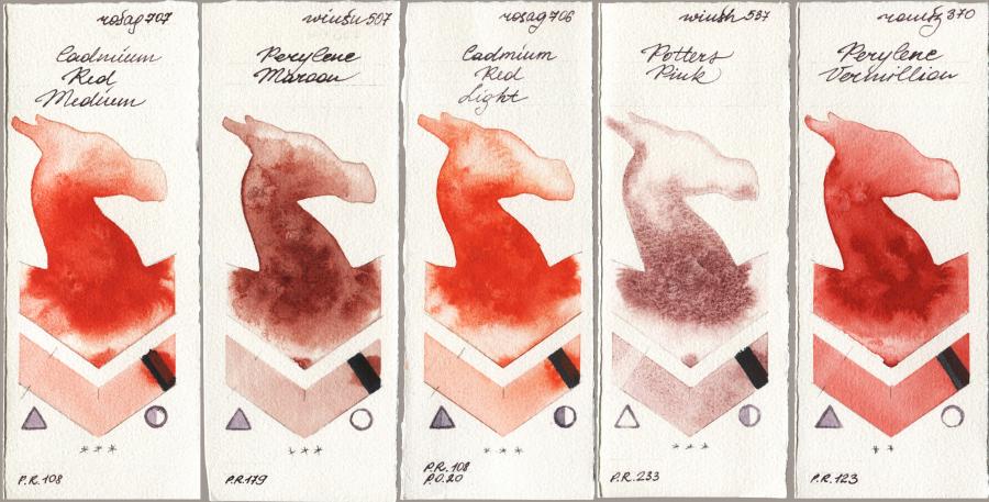 Rosa Gallery 707 Cadmium Red Medium vs Winsor & Newton Professional 507 Perylene Maroon vs 706 Cadmium Red Light vs 537 Potters Pink vs Roman Szmal Aquarius 370 Perylene Vermillion watercolor swatch