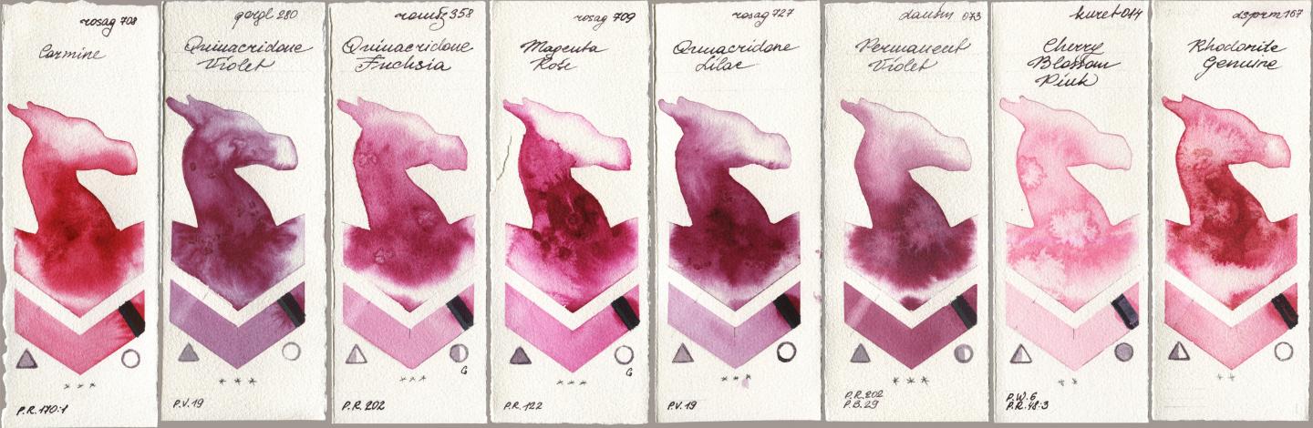 Rosa Gallery 708 Carmine, Golden QOR 280 Quinacridone Violet, Roman Szmal Aquarius 358 Quinacridone Fuchsia, 709 Magenta Rose, 727 Quinacridone Lilac, Daniel Smith 073 Permanent Violet, Kuretake Gansai Tambi 014 Cherry Blossom Pink, 167 Rhodonite Genui watercolor swatch