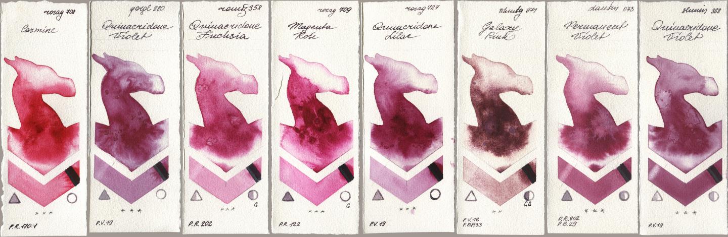 Rosa Gallery 708 Carmine, Golden QOR 280 Quinacridone Violet, Roman Szmal Aquarius 358 Quinacridone Fuchsia, 709 Magenta Rose, 727 Quinacridone Lilac, Shminke Horadam Aquarell 971 Galaxy Pink, Daniel Smith 073 Permanent Violet, 368 Quinacridone Viol watercolor swatch