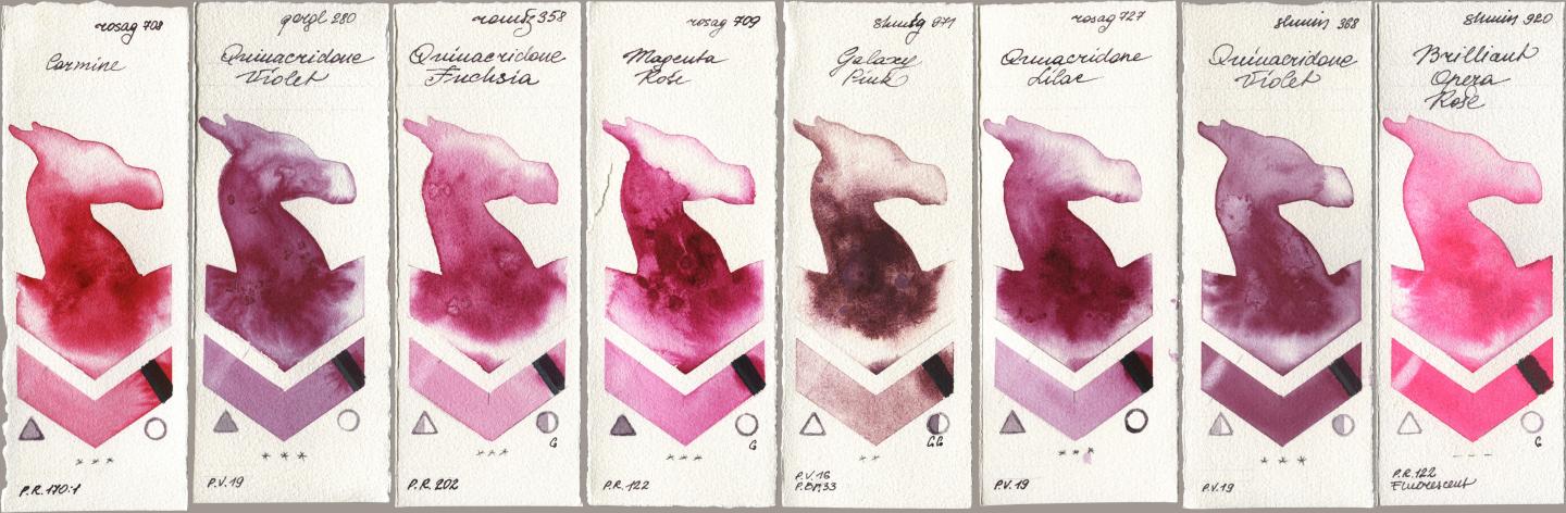 Rosa Gallery 708 Carmine, Golden QOR 280 Quinacridone Violet, Roman Szmal Aquarius 358 Quinacridone Fuchsia, 709 Magenta Rose, Shminke Horadam Aquarell 971 Galaxy Pink, 727 Quinacridone Lilac, 368 Quinacridone Violet, 920 Brilliant Opera Ro watercolor swatch