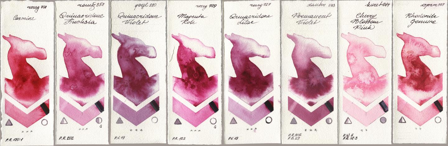 Rosa Gallery 708 Carmine, Roman Szmal Aquarius 358 Quinacridone Fuchsia, Golden QOR 280 Quinacridone Violet, 709 Magenta Rose, 727 Quinacridone Lilac, Daniel Smith 073 Permanent Violet, Kuretake Gansai Tambi 014 Cherry Blossom Pink, 167 Rhodonite Genui watercolor swatch