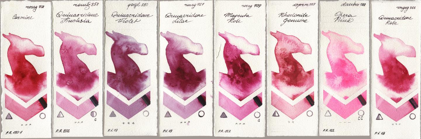 Rosa Gallery 708 Carmine, Roman Szmal Aquarius 358 Quinacridone Fuchsia, Golden QOR 280 Quinacridone Violet, 727 Quinacridone Lilac, 709 Magenta Rose, Daniel Smith 167 Rhodonite Genuine, 198 Opera Pink, Royal Talens Van Gogh Watercolour 366 Quinacridone Ro watercolor swatch