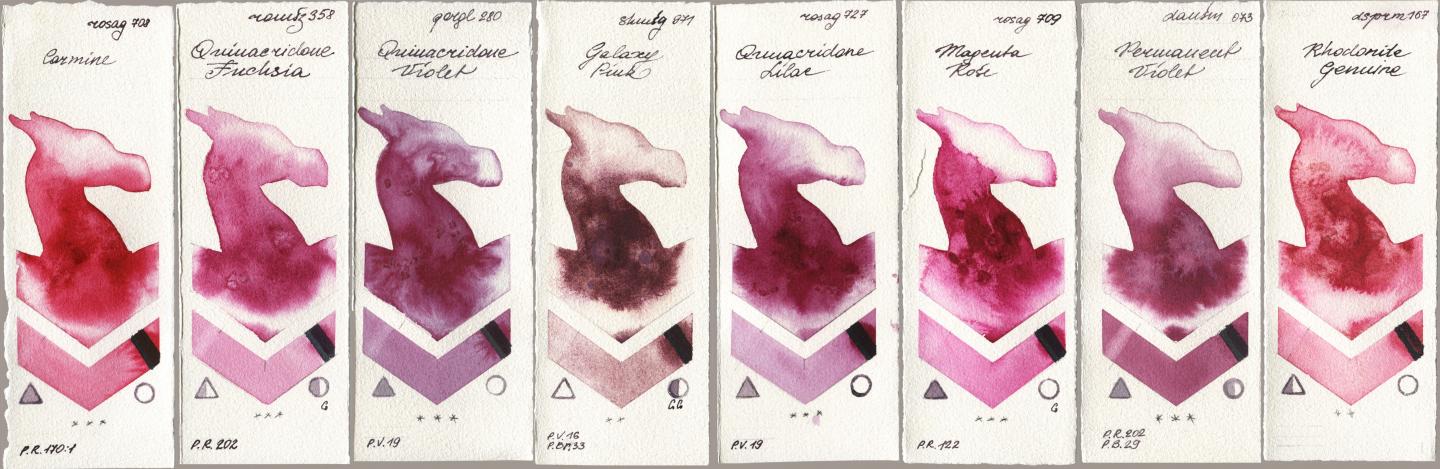 Rosa Gallery 708 Carmine, Roman Szmal Aquarius 358 Quinacridone Fuchsia, Golden QOR 280 Quinacridone Violet, Shminke Horadam Aquarell 971 Galaxy Pink, 727 Quinacridone Lilac, 709 Magenta Rose, Daniel Smith 073 Permanent Violet, 167 Rhodonite Genui watercolor swatch