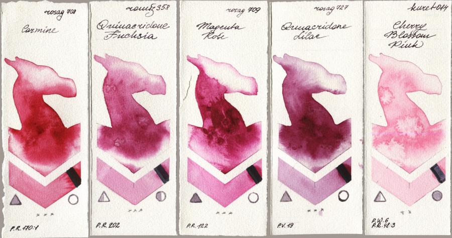 Rosa Gallery 708 Carmine vs Roman Szmal Aquarius 358 Quinacridone Fuchsia vs 709 Magenta Rose vs 727 Quinacridone Lilac vs Kuretake Gansai Tambi 014 Cherry Blossom Pink watercolor swatch