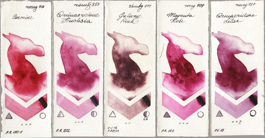 Rosa Gallery 708 Carmine vs Roman Szmal Aquarius 358 Quinacridone Fuchsia vs Shminke Horadam Aquarell 971 Galaxy Pink vs 709 Magenta Rose vs 727 Quinacridone Lilac watercolor swatch