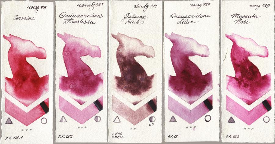 Rosa Gallery 708 Carmine vs Roman Szmal Aquarius 358 Quinacridone Fuchsia vs Shminke Horadam Aquarell 971 Galaxy Pink vs 727 Quinacridone Lilac vs 709 Magenta Rose watercolor swatch