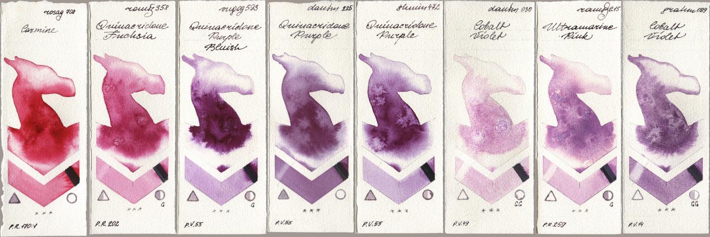 Rosa Gallery 708 Carmine, Roman Szmal Aquarius 358 Quinacridone Fuchsia, Royal Talens Van Gogh Watercolour 593 Quinacridone Purple Bluish, Daniel Smith 225 Quinacridone Purple, Shminke Horadam Aquarell 472 Quinacridone Purple, 030 Cobalt Violet, 215 Ultramarine Pink, M. Graham & Co. Artists 099 Cobalt Viol watercolor swatch