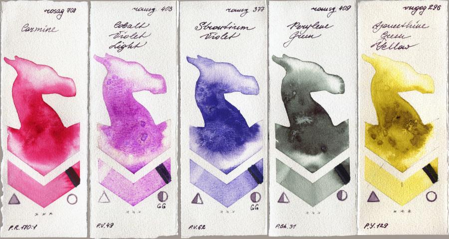 Rosa Gallery 708 Carmine vs Roman Szmal Aquarius 403 Cobalt Violet Light vs 377 Strontium Violet vs 409 Perylene Green vs Royal Talens Van Gogh Watercolour 296 Azomethine Green Yellow watercolor swatch