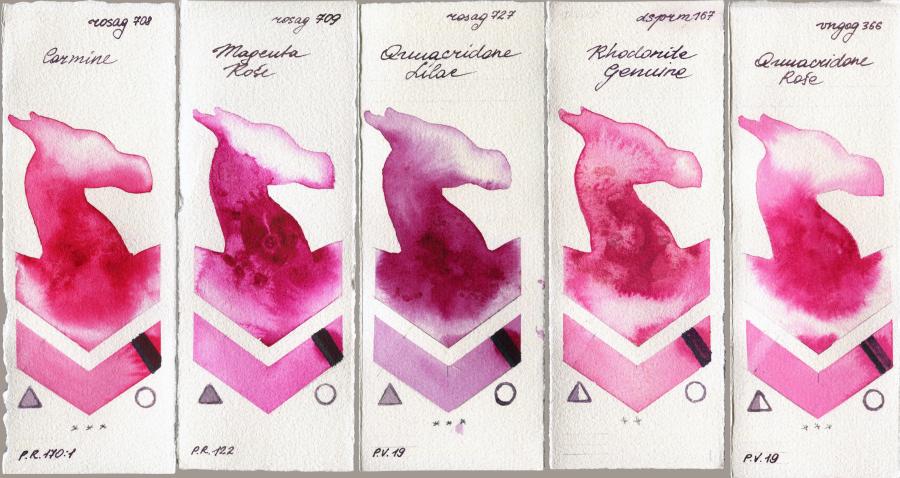Rosa Gallery 708 Carmine vs 709 Magenta Rose vs 727 Quinacridone Lilac vs Daniel Smith 167 Rhodonite Genuine vs Van Gogh Watercolour 366 Quinacridone Rose watercolor swatch