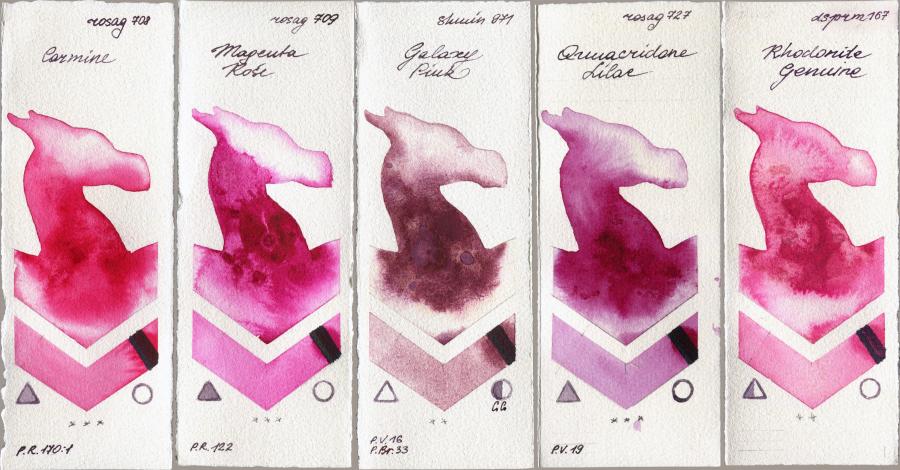 Rosa Gallery 708 Carmine vs 709 Magenta Rose vs Shminke Horadam Aquarell 971 Galaxy Pink vs 727 Quinacridone Lilac vs Daniel Smith 167 Rhodonite Genuine watercolor swatch
