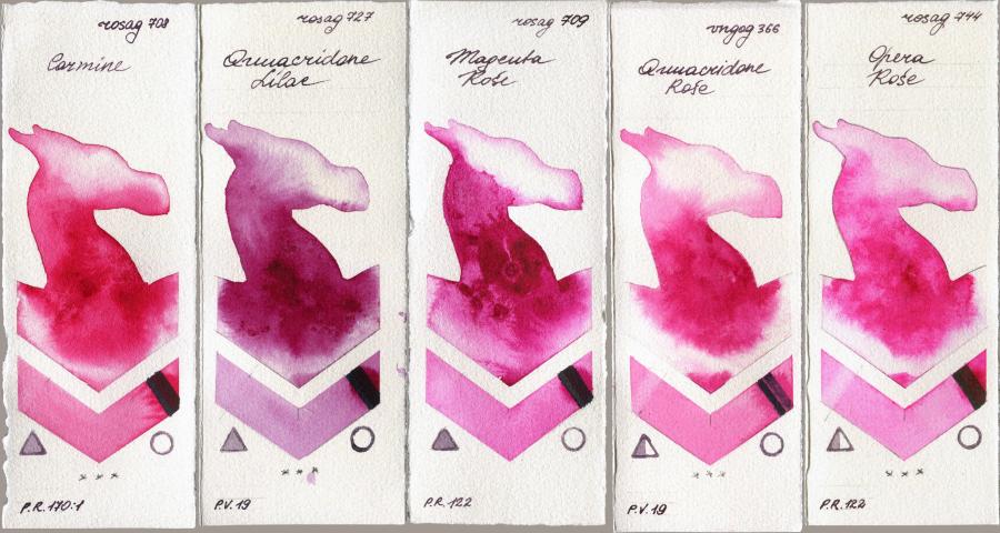 Rosa Gallery 708 Carmine vs 727 Quinacridone Lilac vs 709 Magenta Rose vs Van Gogh Watercolour 366 Quinacridone Rose vs 744 Opera Rose watercolor swatch