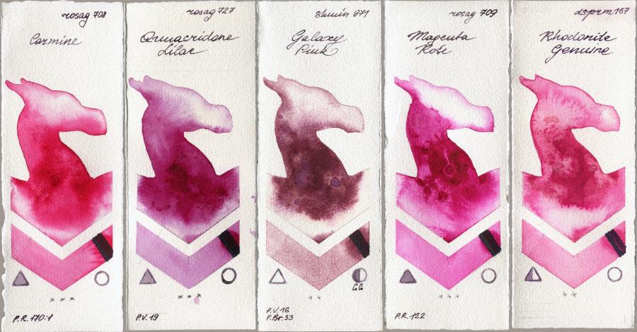 Rosa Gallery 708 Carmine vs 727 Quinacridone Lilac vs Shminke Horadam Aquarell 971 Galaxy Pink vs 709 Magenta Rose vs Daniel Smith 167 Rhodonite Genuine watercolor swatch