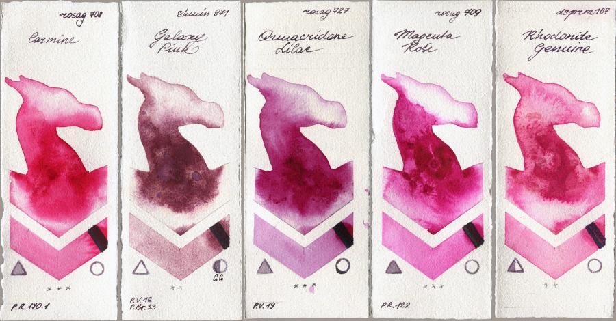 Rosa Gallery 708 Carmine vs Shminke Horadam Aquarell 971 Galaxy Pink vs 727 Quinacridone Lilac vs 709 Magenta Rose vs Daniel Smith 167 Rhodonite Genuine watercolor swatch