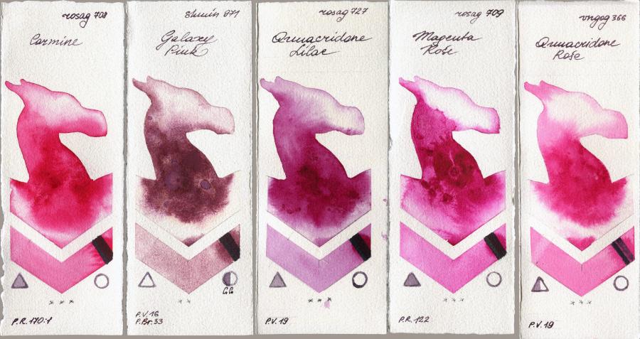 Rosa Gallery 708 Carmine vs Shminke Horadam Aquarell 971 Galaxy Pink vs 727 Quinacridone Lilac vs 709 Magenta Rose vs Royal Talens Van Gogh Watercolour 366 Quinacridone Rose watercolor swatch