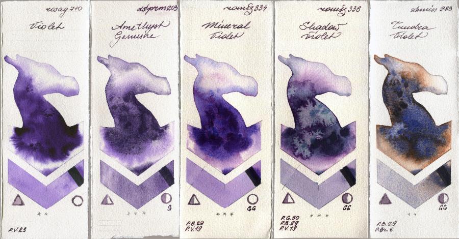 Rosa Gallery 710 Violet vs Daniel Smith 203 Amethyst Genuine vs Roman Szmal Aquarius 334 Mineral Violet vs 336 Shadow Violet vs Shminke Horadam Aquarell 983 Tundra Violet watercolor swatch